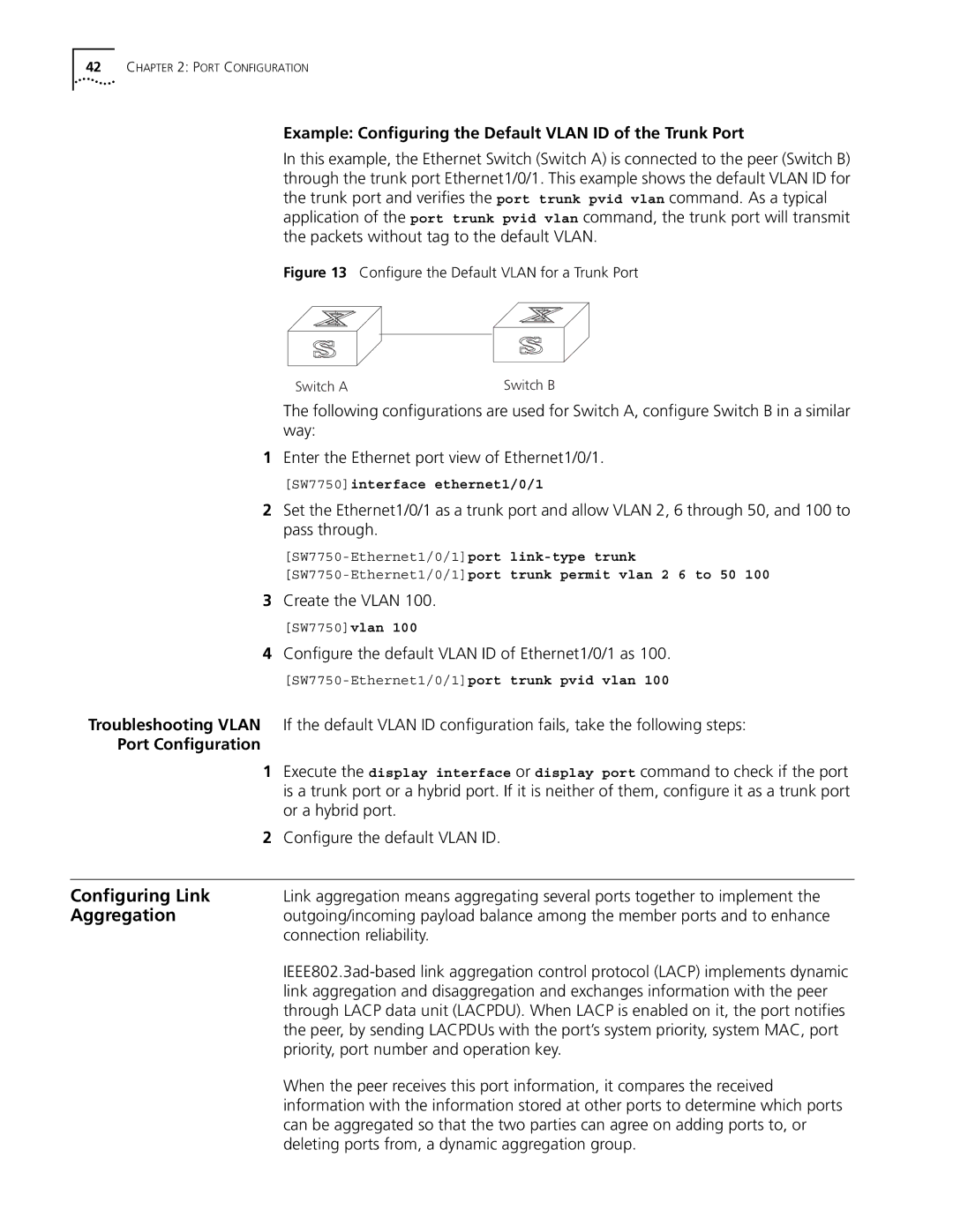 3Com 10014298 Configuring Link, Aggregation, Example Configuring the Default Vlan ID of the Trunk Port, Port Configuration 