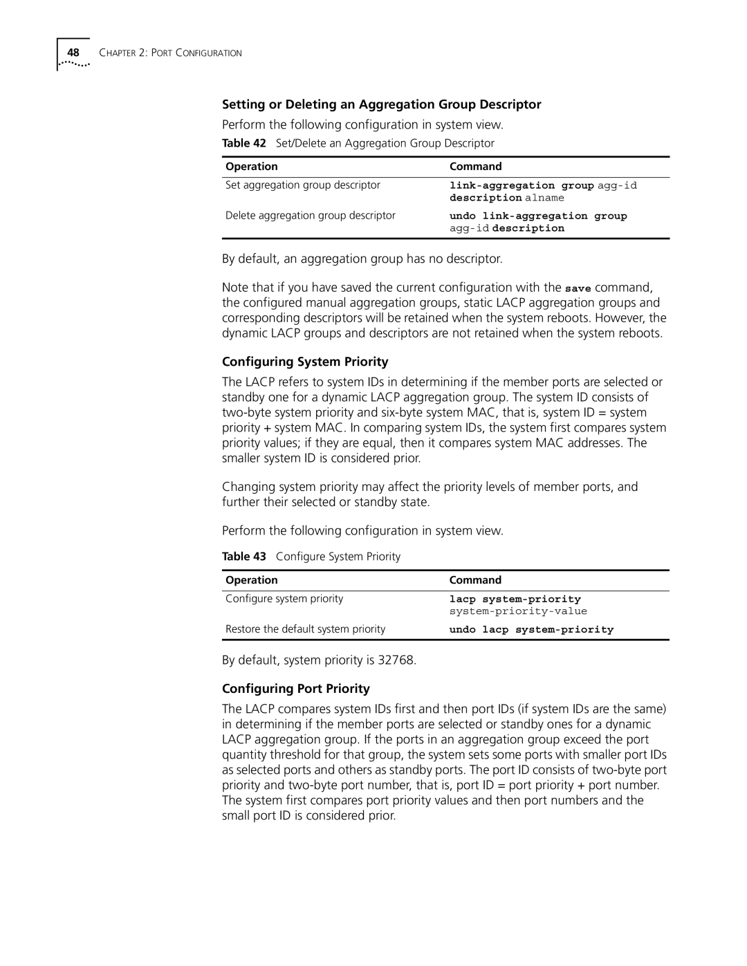 3Com 10014298 Setting or Deleting an Aggregation Group Descriptor, By default, an aggregation group has no descriptor 