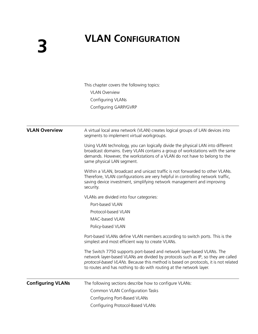 3Com 10014298 manual Vlan Overview, Configuring VLANs, Configuring GARP/GVRP, Segments to implement virtual workgroups 