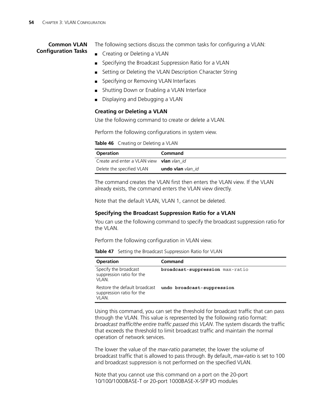 3Com 10014298 manual Creating or Deleting a Vlan, Specifying the Broadcast Suppression Ratio for a Vlan 