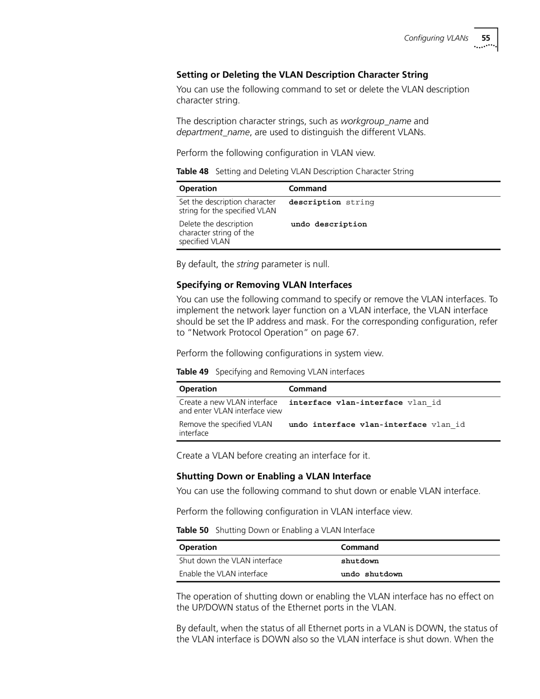 3Com 10014298 manual Setting or Deleting the Vlan Description Character String, By default, the string parameter is null 