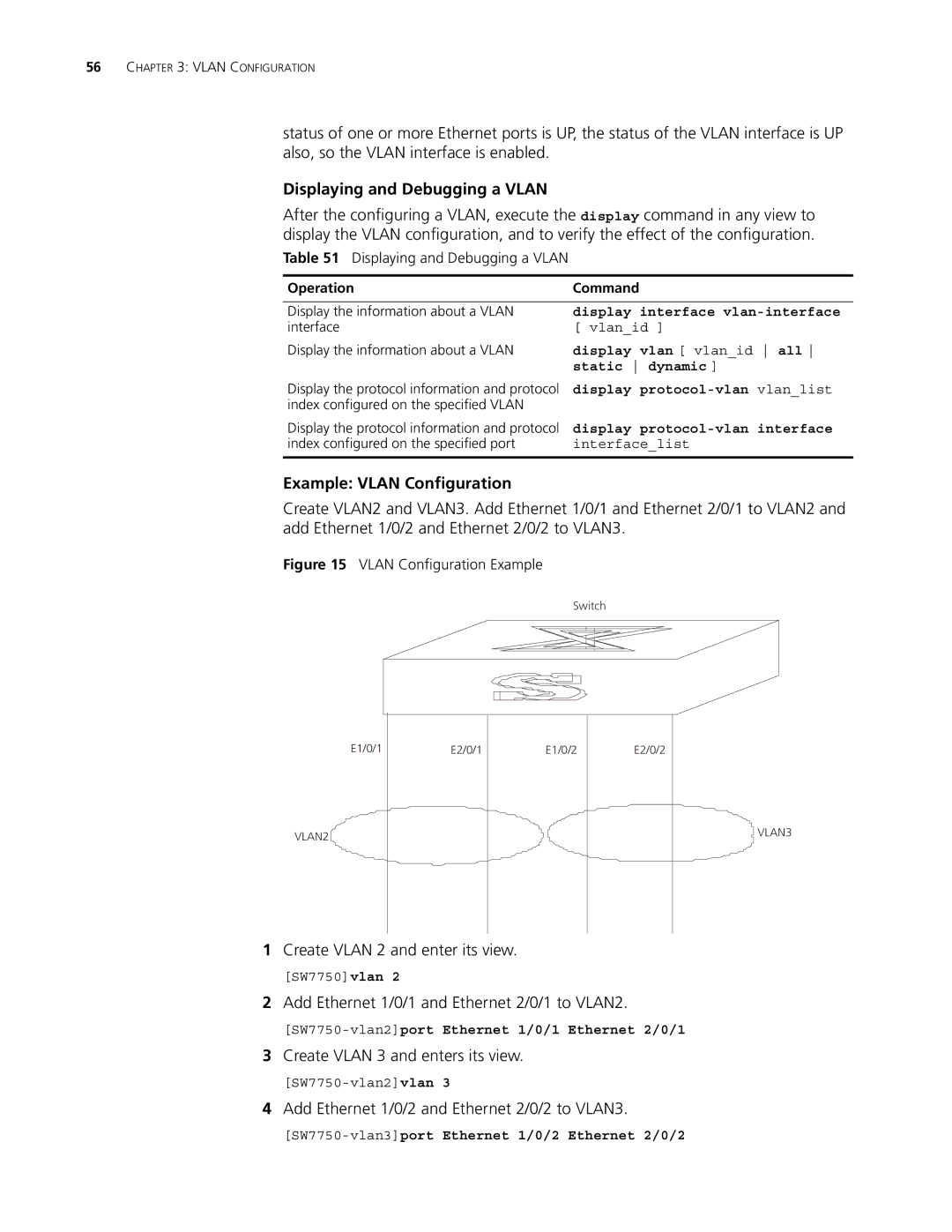 3Com 10014298 manual Displaying and Debugging a Vlan, Example Vlan Configuration 