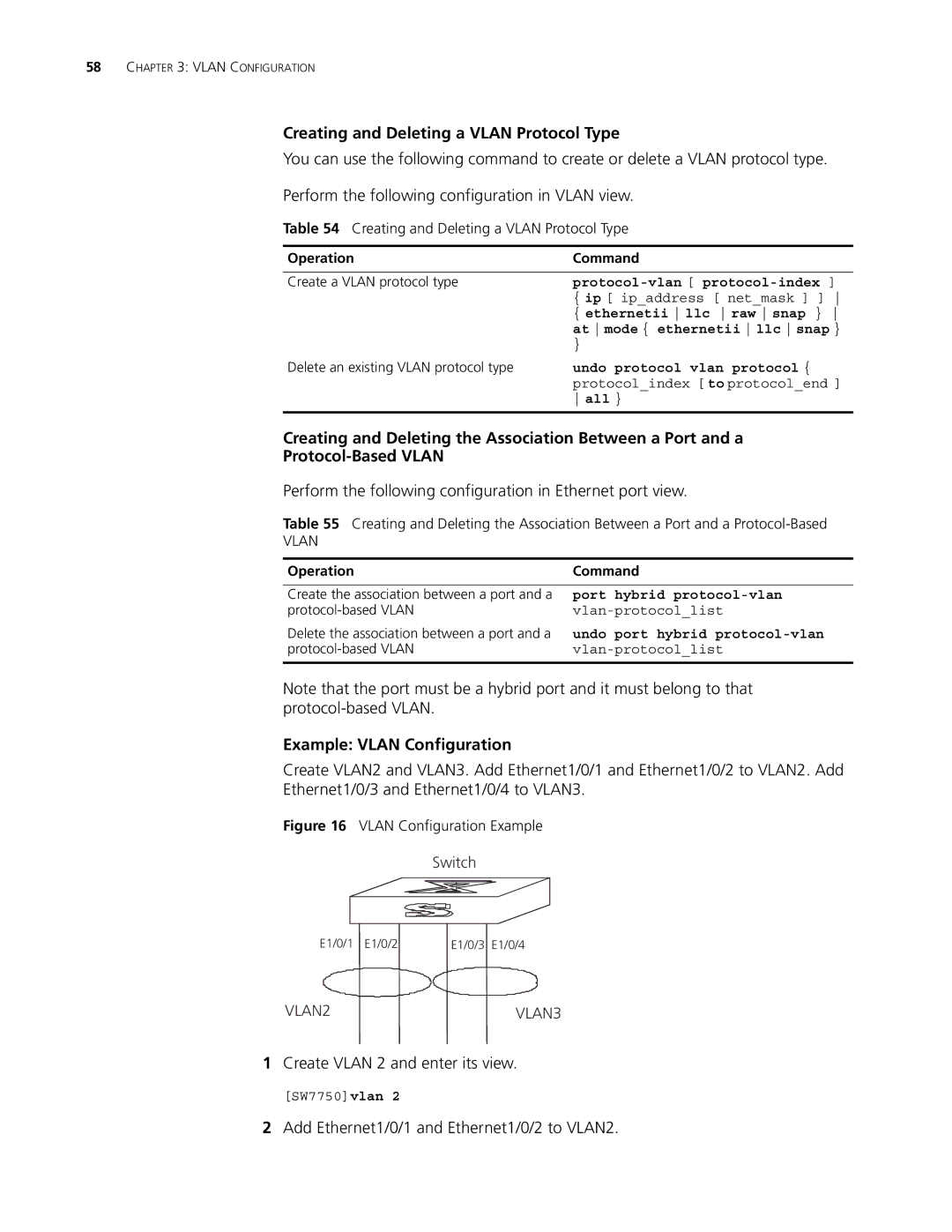 3Com 10014298 manual Creating and Deleting a Vlan Protocol Type, Add Ethernet1/0/1 and Ethernet1/0/2 to VLAN2 