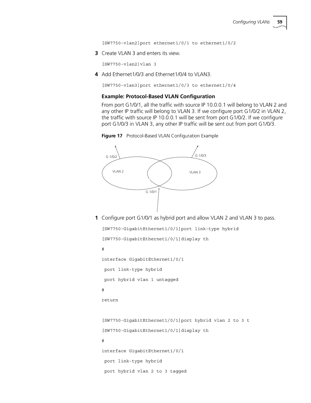 3Com 10014298 manual Add Ethernet1/0/3 and Ethernet1/0/4 to VLAN3, Example Protocol-Based Vlan Configuration 