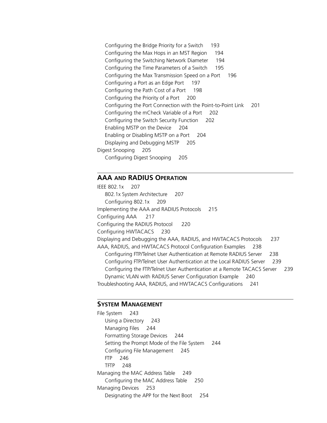 3Com 10014298 manual 237, 239, Dynamic Vlan with Radius Server Configuration Example 240, 241, File System 243, 246, 254 