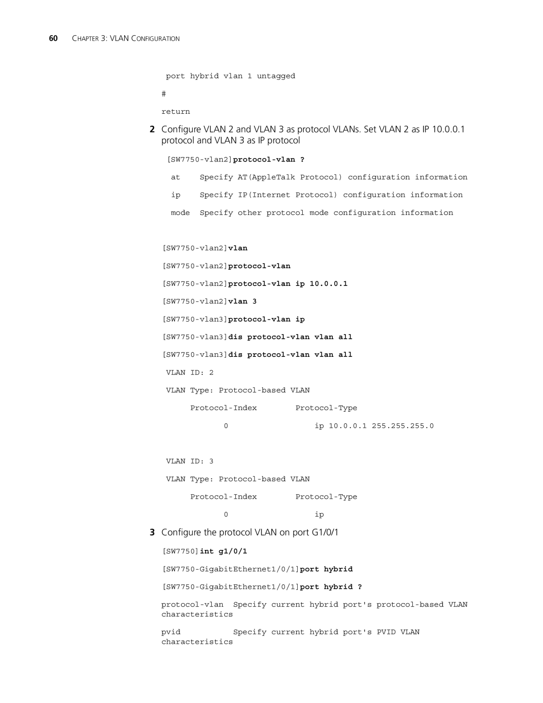 3Com 10014298 manual Configure the protocol Vlan on port G1/0/1, SW7750-vlan2protocol-vlan ?, SW7750-vlan2protocol-vlan ip 