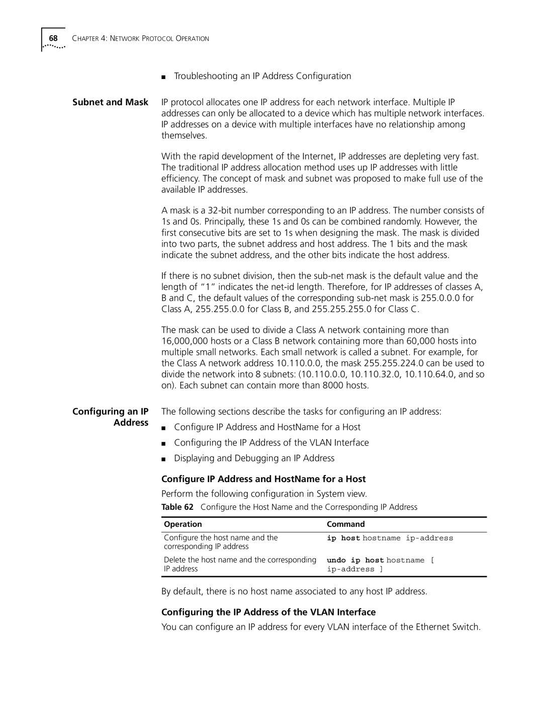 3Com 10014298 manual Subnet and Mask, Configure IP Address and HostName for a Host, Undo ip host hostname 