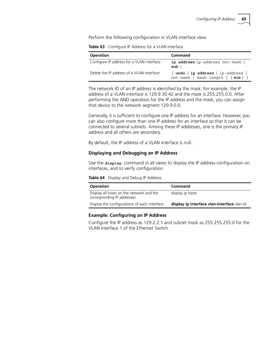 3Com 10014298 Displaying and Debugging an IP Address, Example Configuring an IP Address, Display and Debug IP Address, Sub 