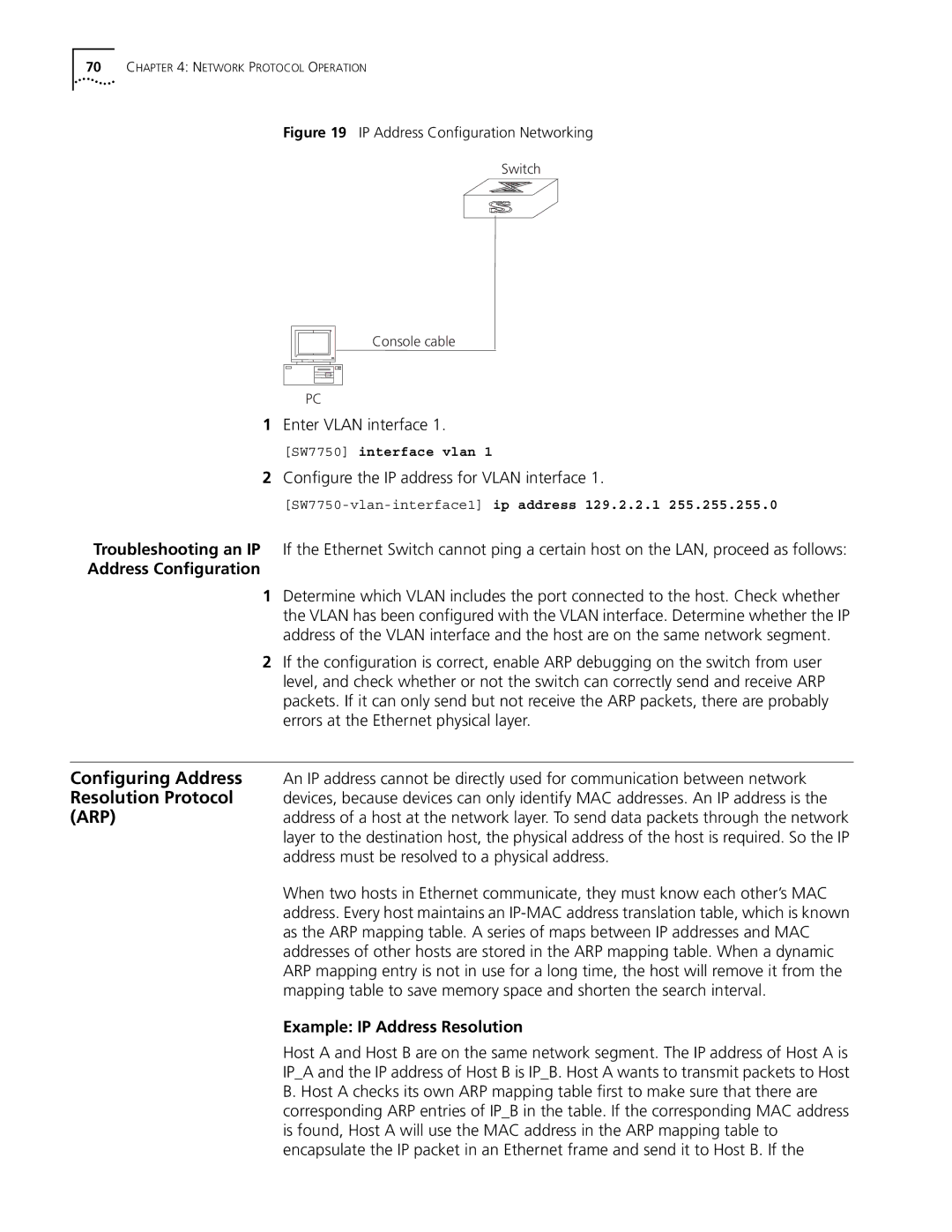 3Com 10014298 manual Enter Vlan interface, Configure the IP address for Vlan interface, Address Configuration 