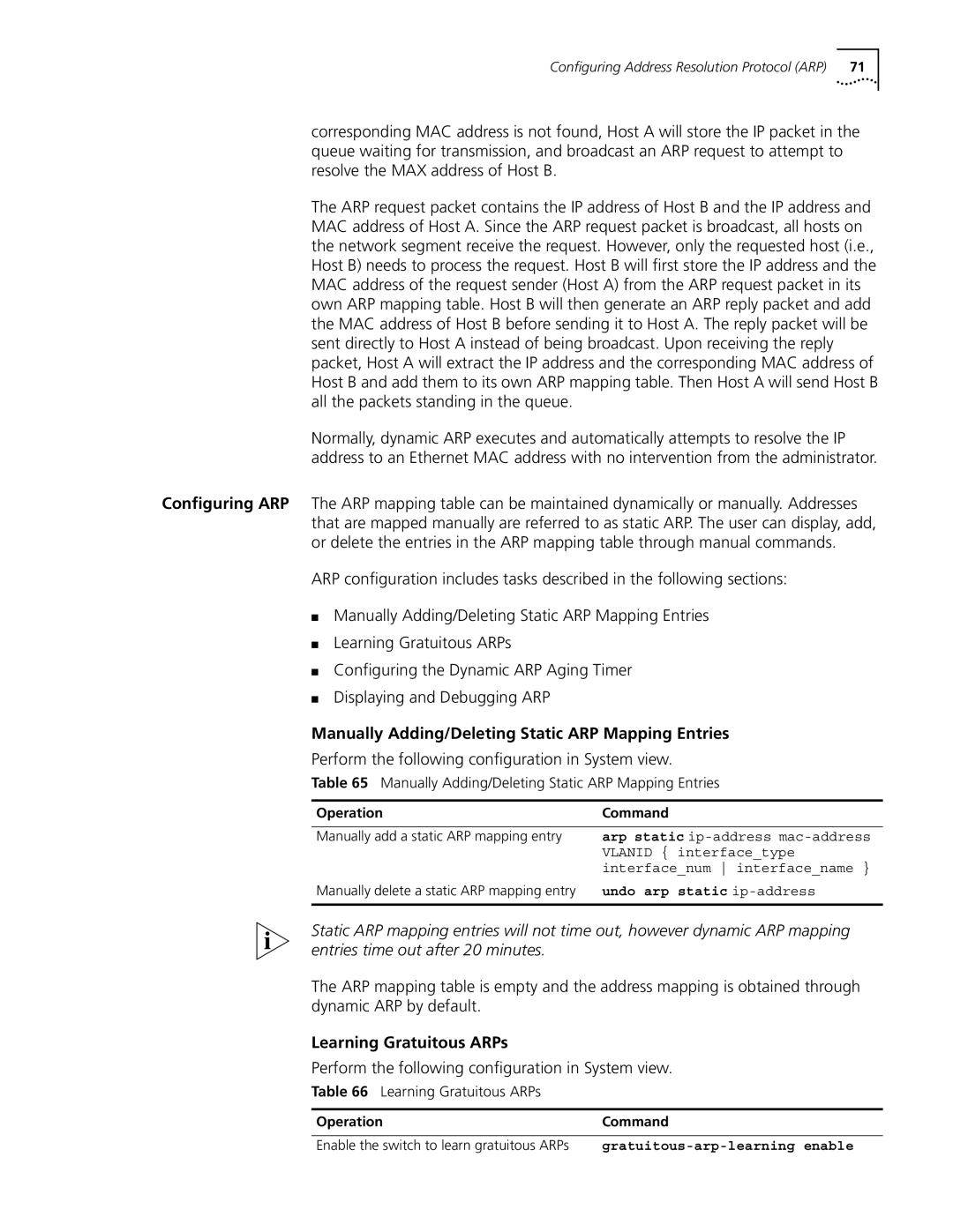 3Com 10014298 manual Manually Adding/Deleting Static ARP Mapping Entries, Learning Gratuitous ARPs 