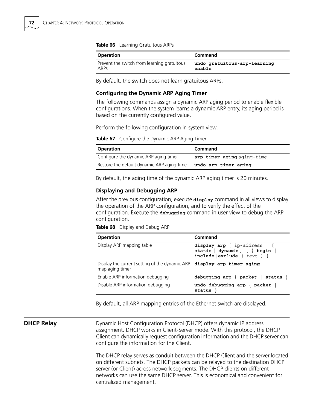 3Com 10014298 manual Dhcp Relay, Configuring the Dynamic ARP Aging Timer, Displaying and Debugging ARP 