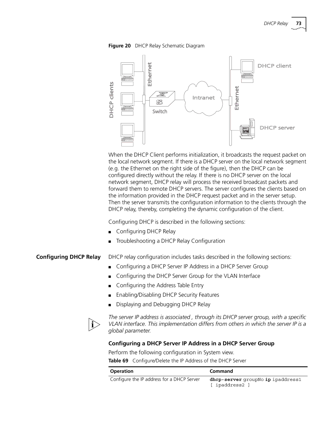 3Com 10014298 Configuring a Dhcp Server IP Address in a Dhcp Server Group, Dhcp-server groupNo ip ipaddress1, Ipaddress2 