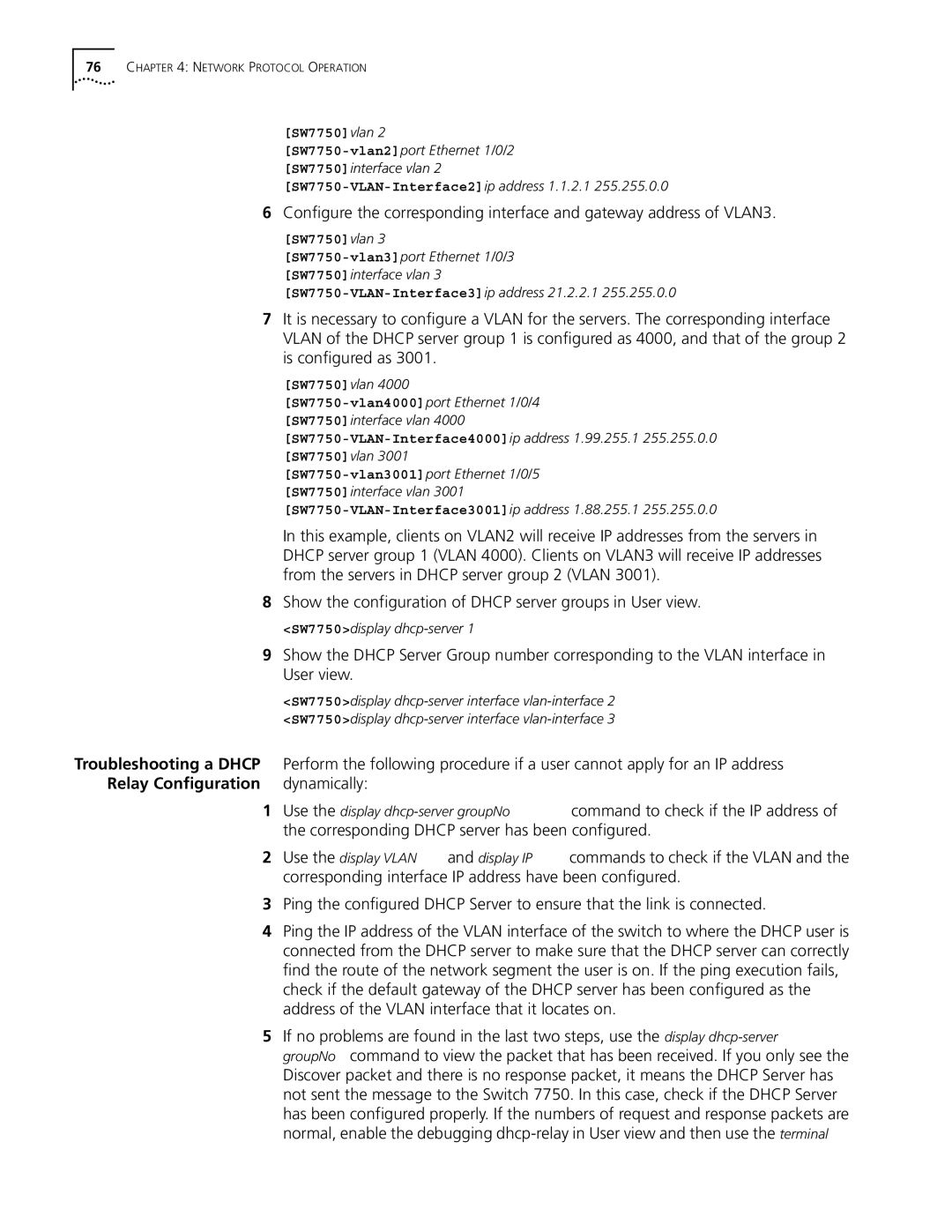 3Com 10014298 manual Show the configuration of Dhcp server groups in User view, Relay Configuration Dynamically 