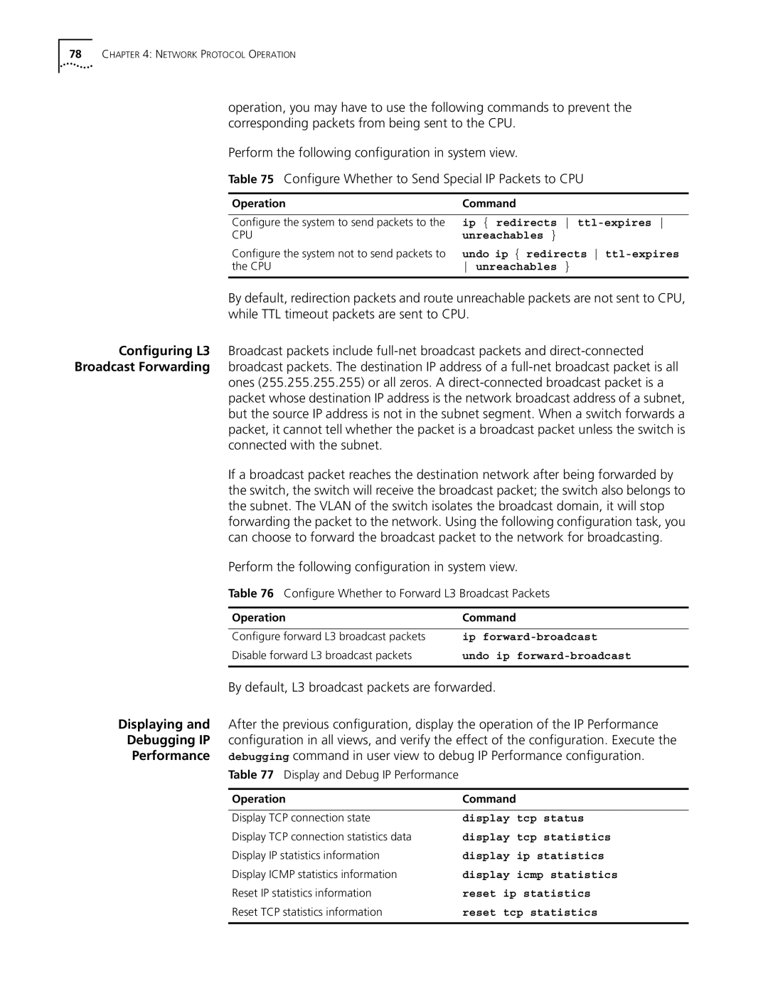 3Com 10014298 manual Configure Whether to Forward L3 Broadcast Packets, Display and Debug IP Performance 