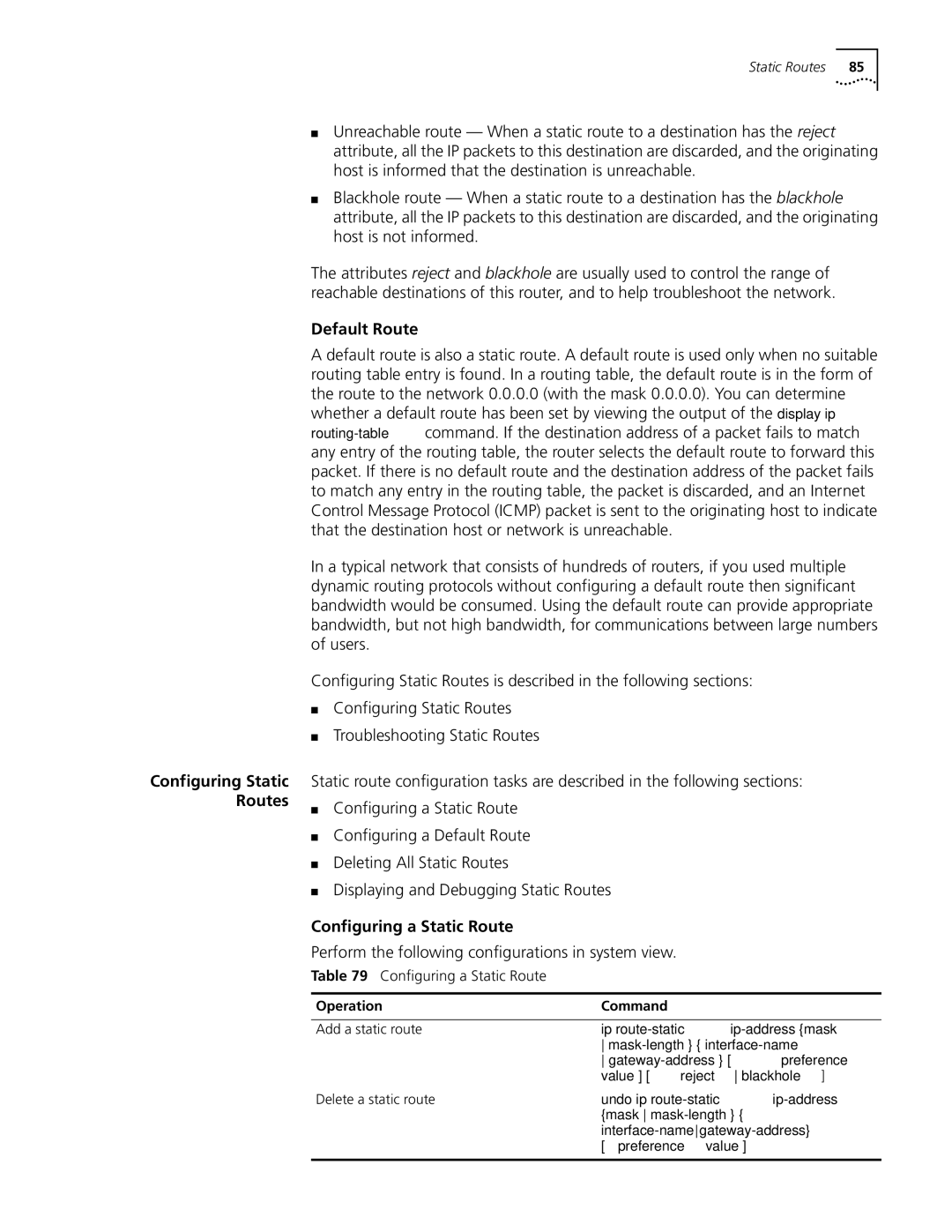 3Com 10014298 manual Default Route, Configuring a Static Route 