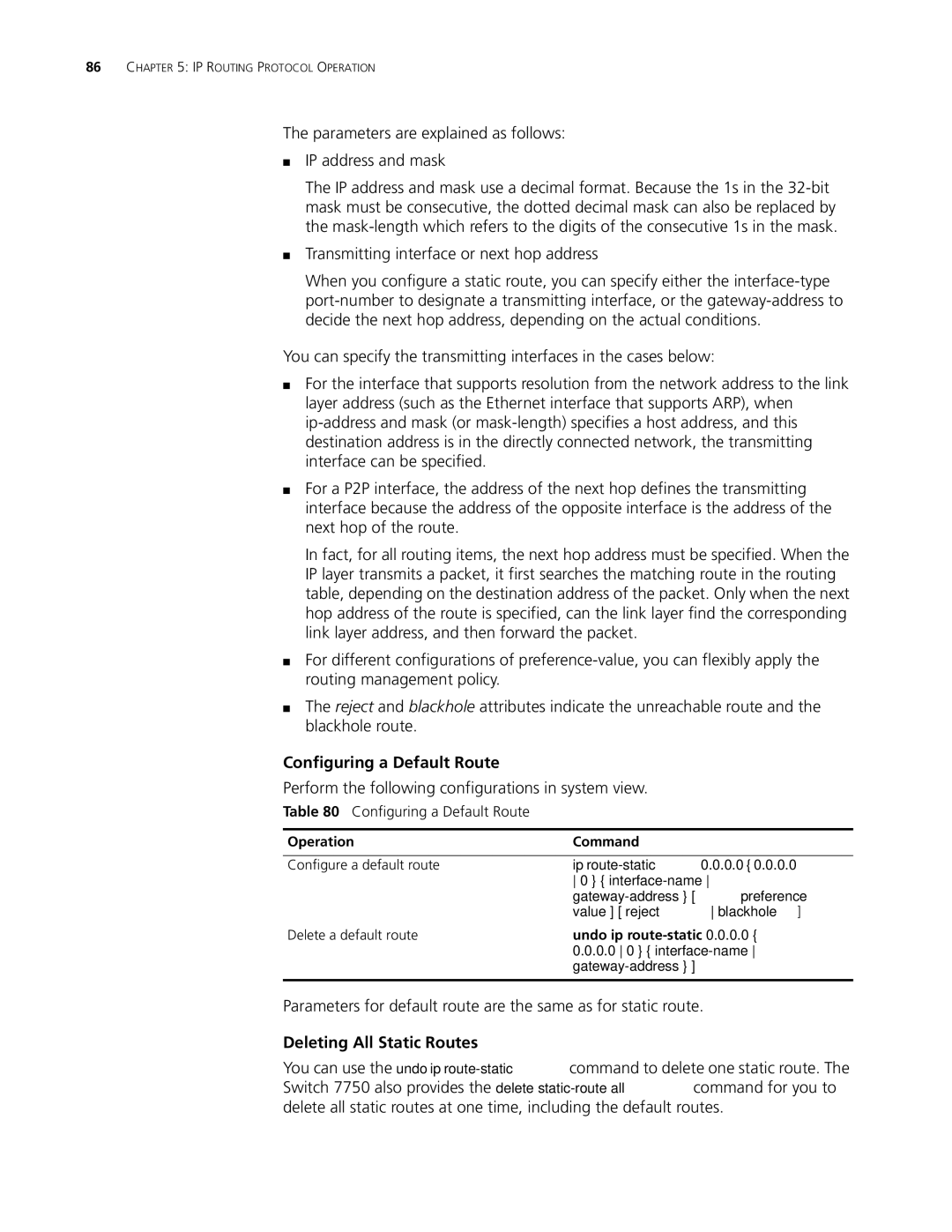 3Com 10014298 manual Parameters are explained as follows IP address and mask, Transmitting interface or next hop address 