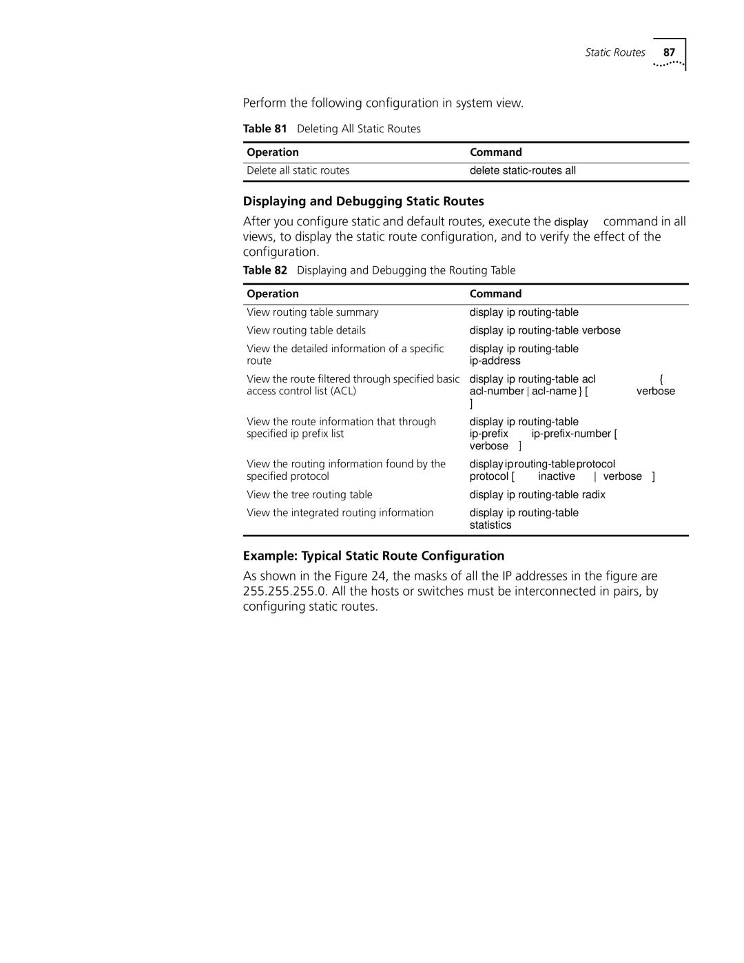 3Com 10014298 manual Displaying and Debugging Static Routes, Example Typical Static Route Configuration 