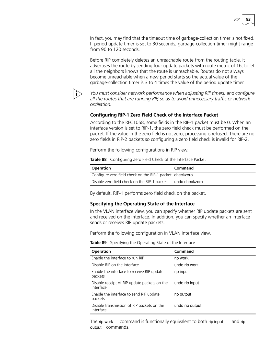 3Com 10014298 Configuring RIP-1 Zero Field Check of the Interface Packet, Specifying the Operating State of the Interface 