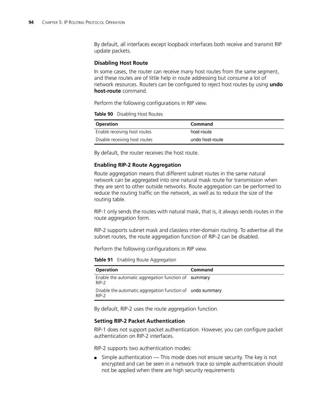 3Com 10014298 manual Disabling Host Route, By default, the router receives the host route, Enabling RIP-2 Route Aggregation 