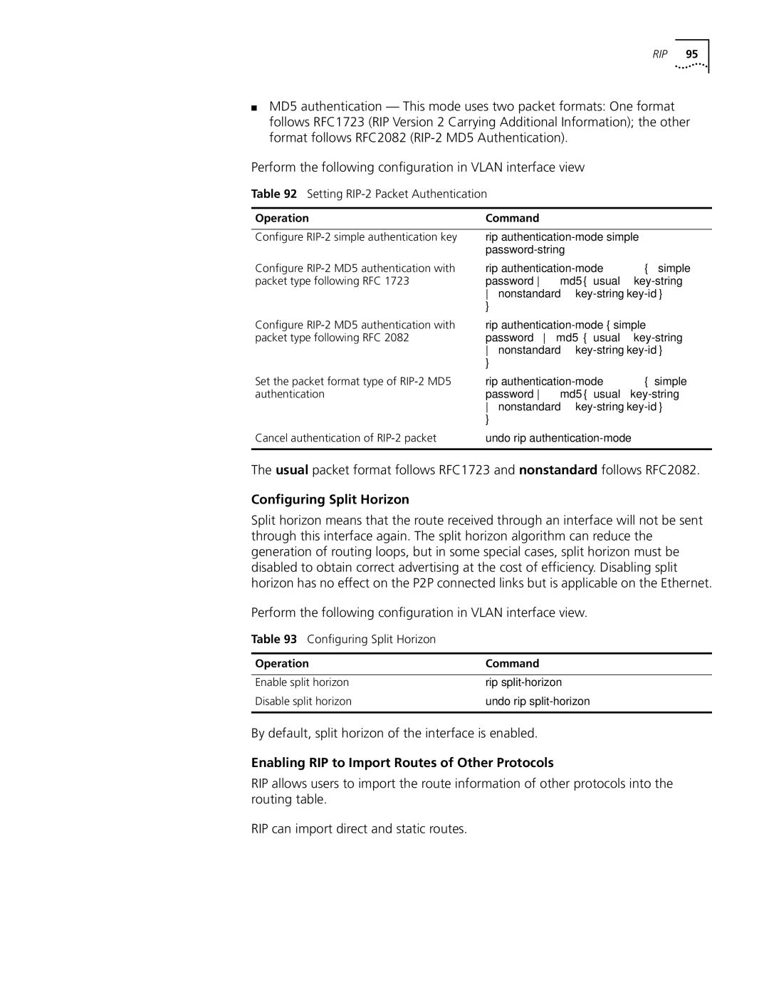 3Com 10014298 manual Configuring Split Horizon, By default, split horizon of the interface is enabled 