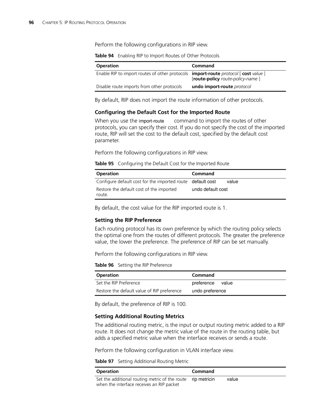 3Com 10014298 manual Configuring the Default Cost for the Imported Route, Setting the RIP Preference 