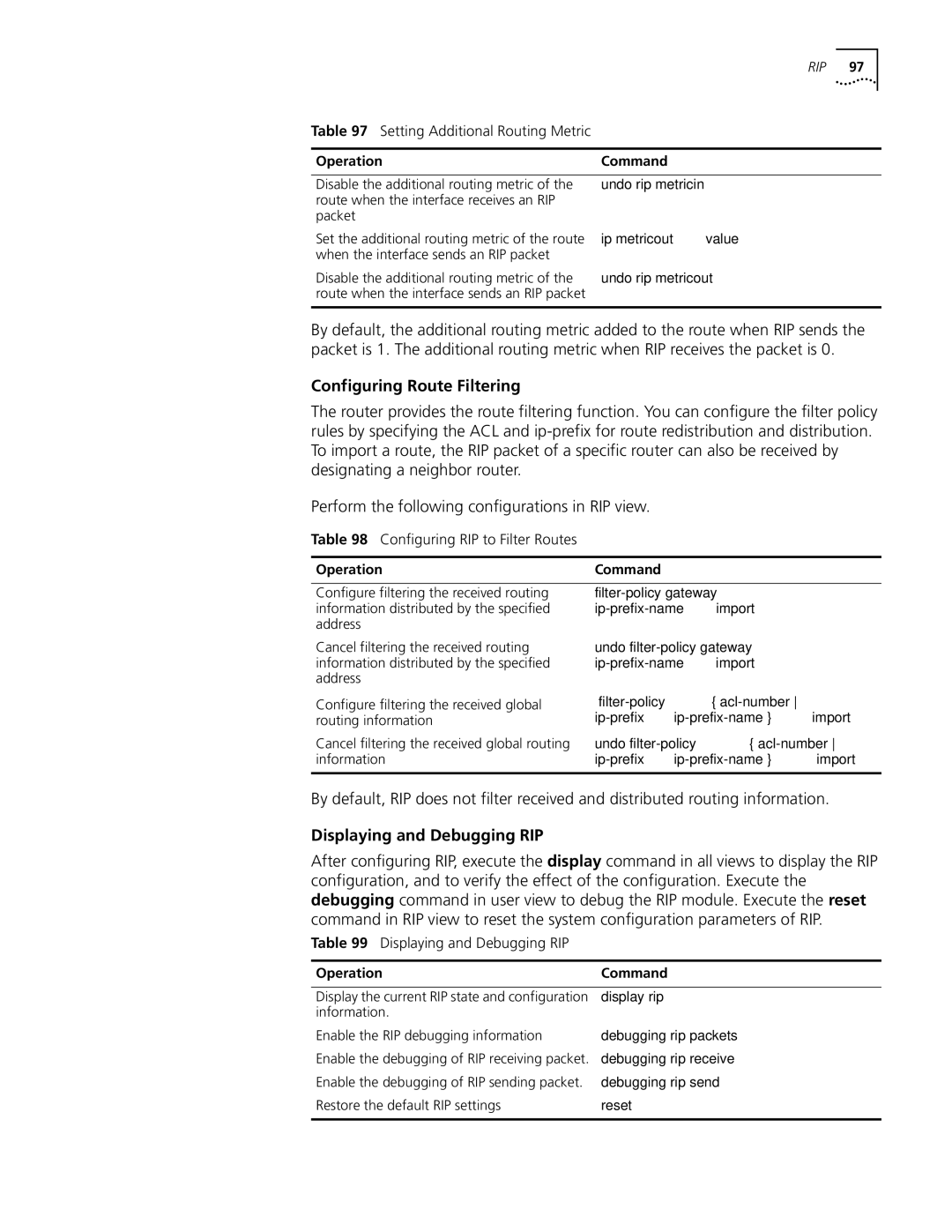 3Com 10014298 manual Configuring Route Filtering, Displaying and Debugging RIP, Configuring RIP to Filter Routes 