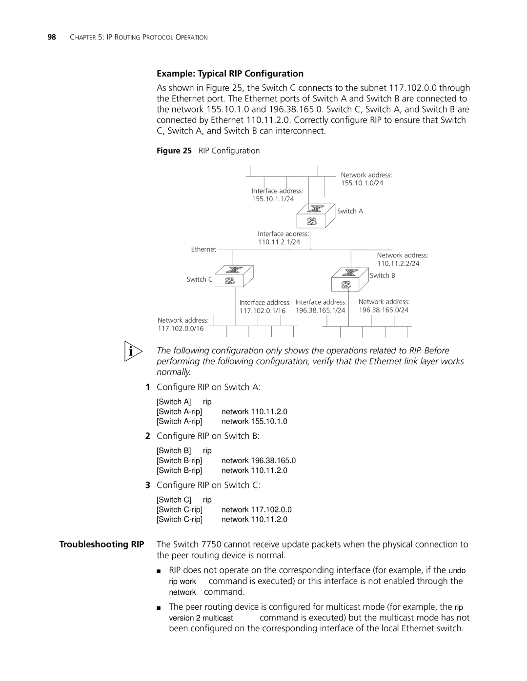 3Com 10014298 manual Example Typical RIP Configuration, Configure RIP on Switch a, Configure RIP on Switch B 