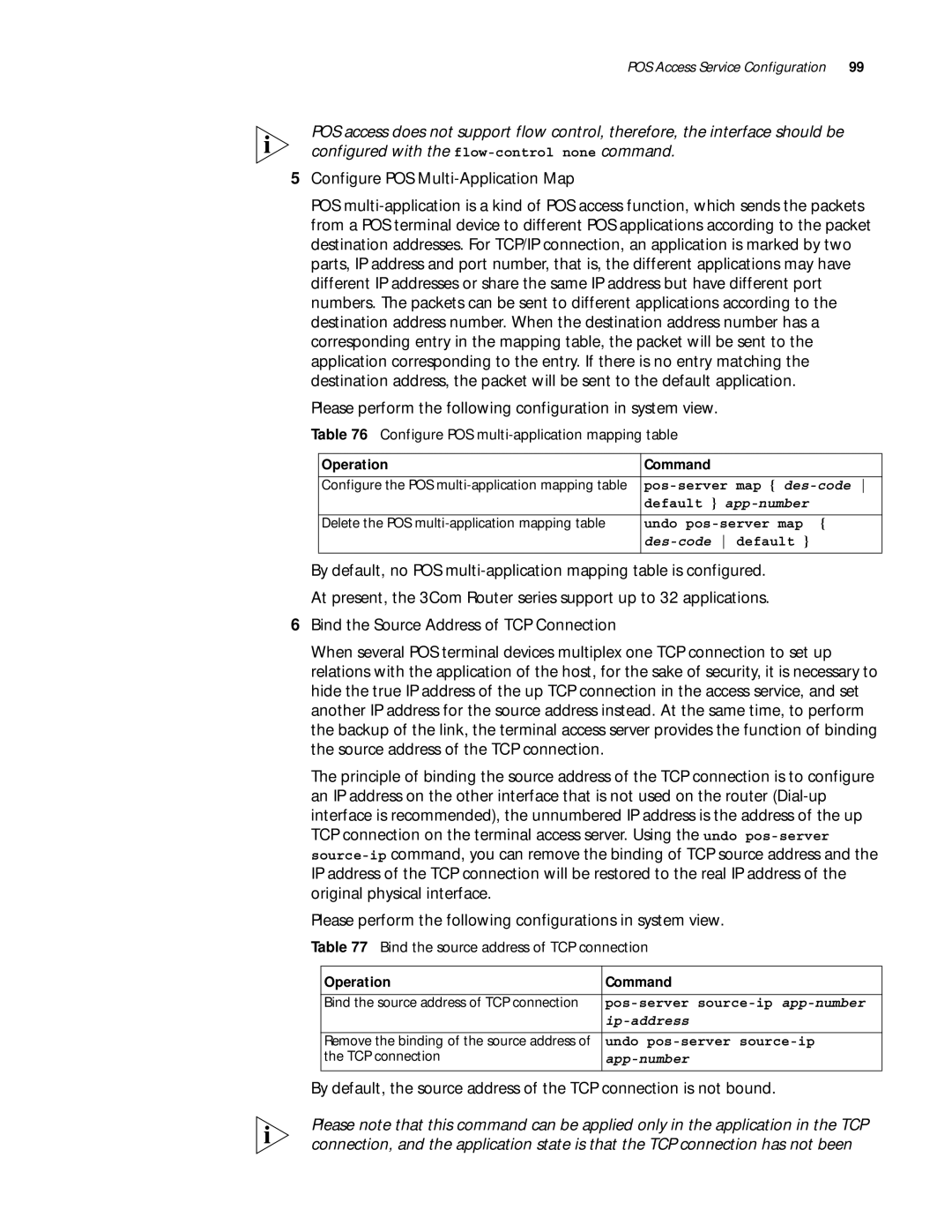 3Com 10014299 Configure POS multi-application mapping table, Bind the source address of TCP connection, Default app-number 