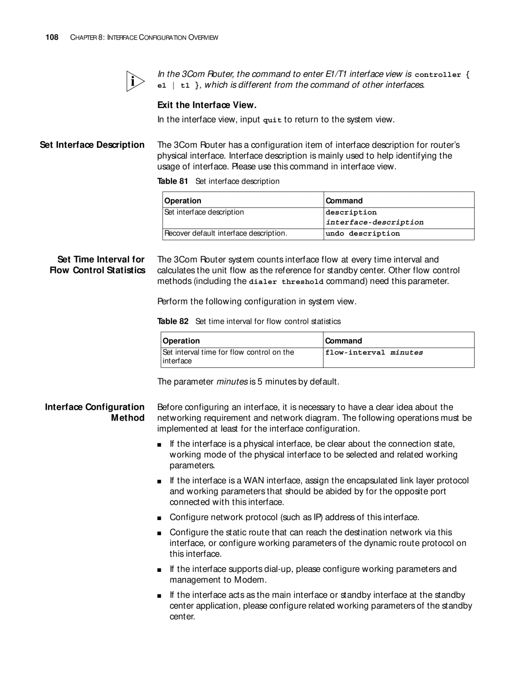 3Com 10014299 Exit the Interface View, Interface view, input quit to return to the system view, Interface-description 