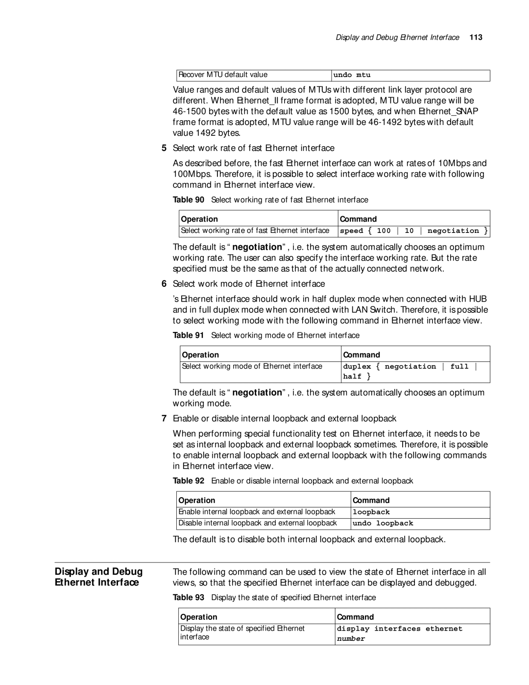 3Com 10014299 Display and Debug, Select work mode of Ethernet interface, Select working rate of fast Ethernet interface 