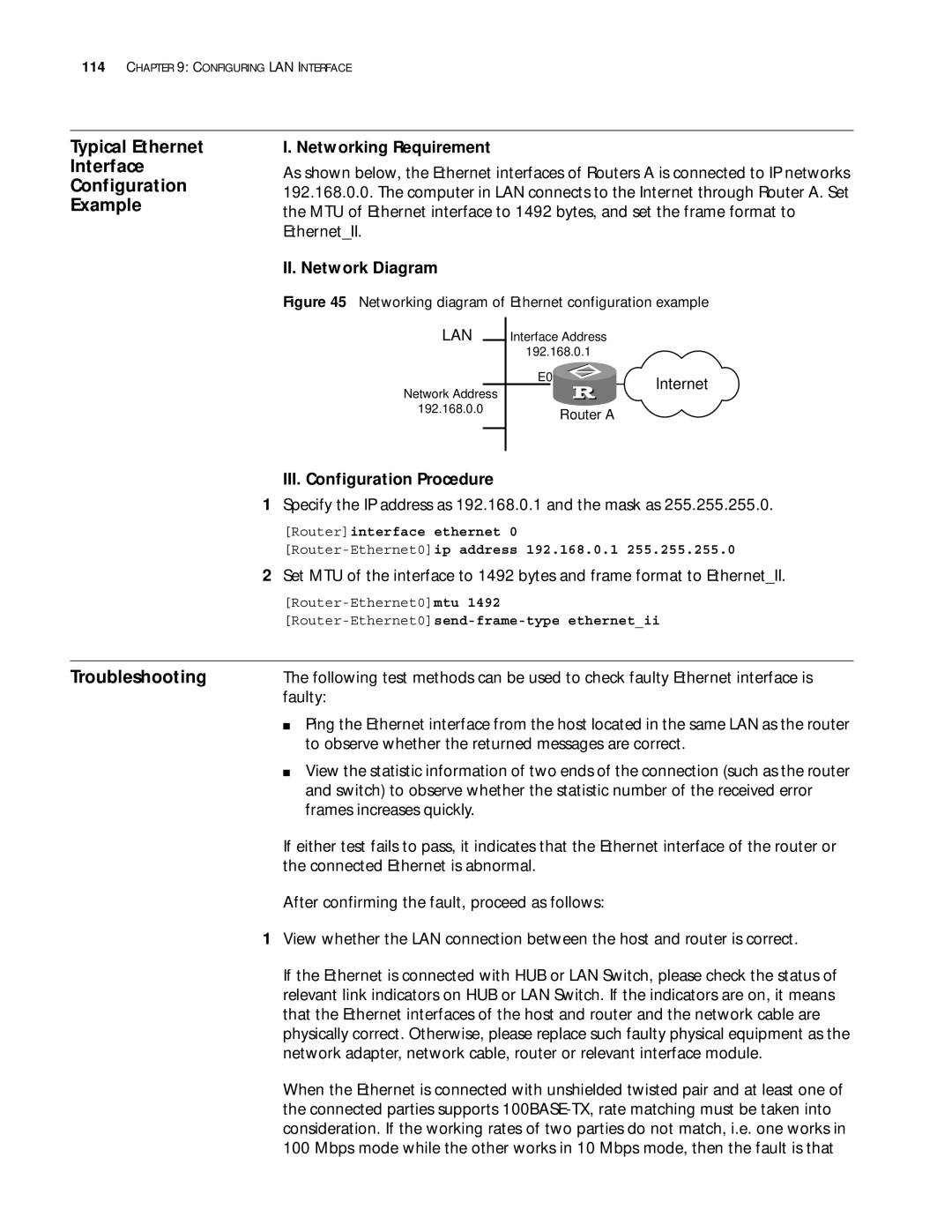 3Com 10014299 manual Typical Ethernet Interface Configuration Example, Troubleshooting, II. Network Diagram 