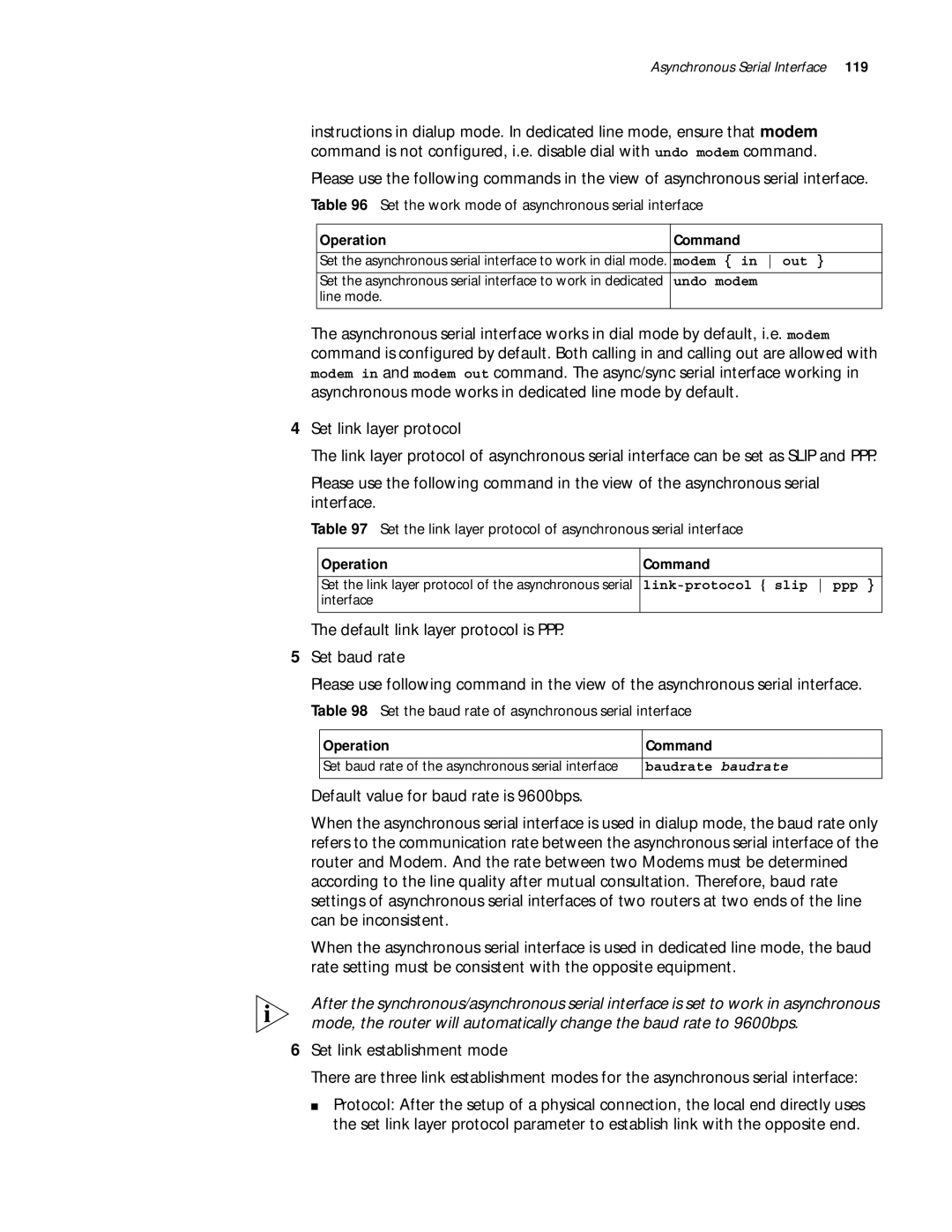 3Com 10014299 manual Set the work mode of asynchronous serial interface, Set the baud rate of asynchronous serial interface 