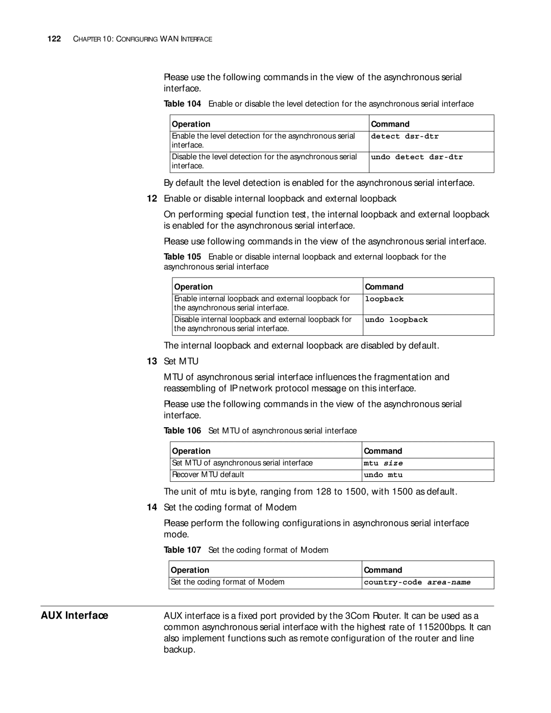 3Com 10014299 manual AUX Interface, Backup, Set MTU of asynchronous serial interface, Set the coding format of Modem 