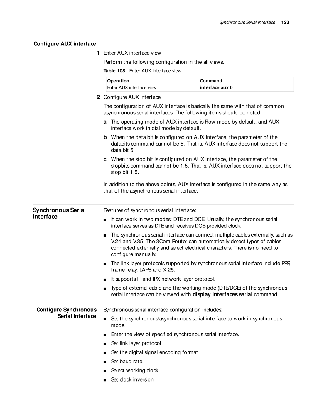 3Com 10014299 manual Synchronous Serial Interface, Configure AUX interface, Enter AUX interface view 