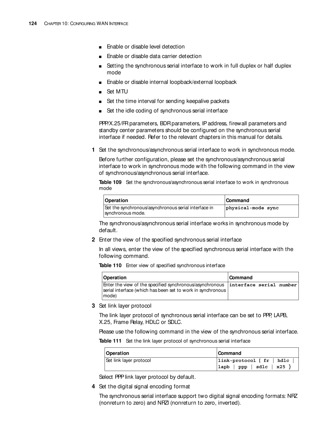 3Com 10014299 Enter view of specified synchronous interface, Set the link layer protocol of synchronous serial interface 