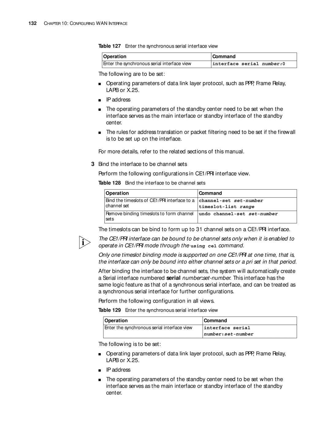 3Com 10014299 manual Enter the synchronous serial interface view, Bind the interface to be channel sets, Number set-number 