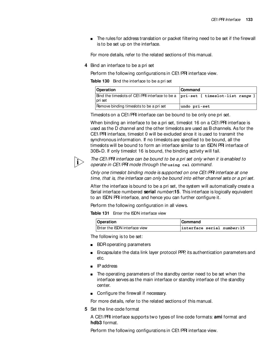 3Com 10014299 Bind the interface to be a pri set, Enter the Isdn interface view, Pri-set timeslot-list range, Undo pri-set 