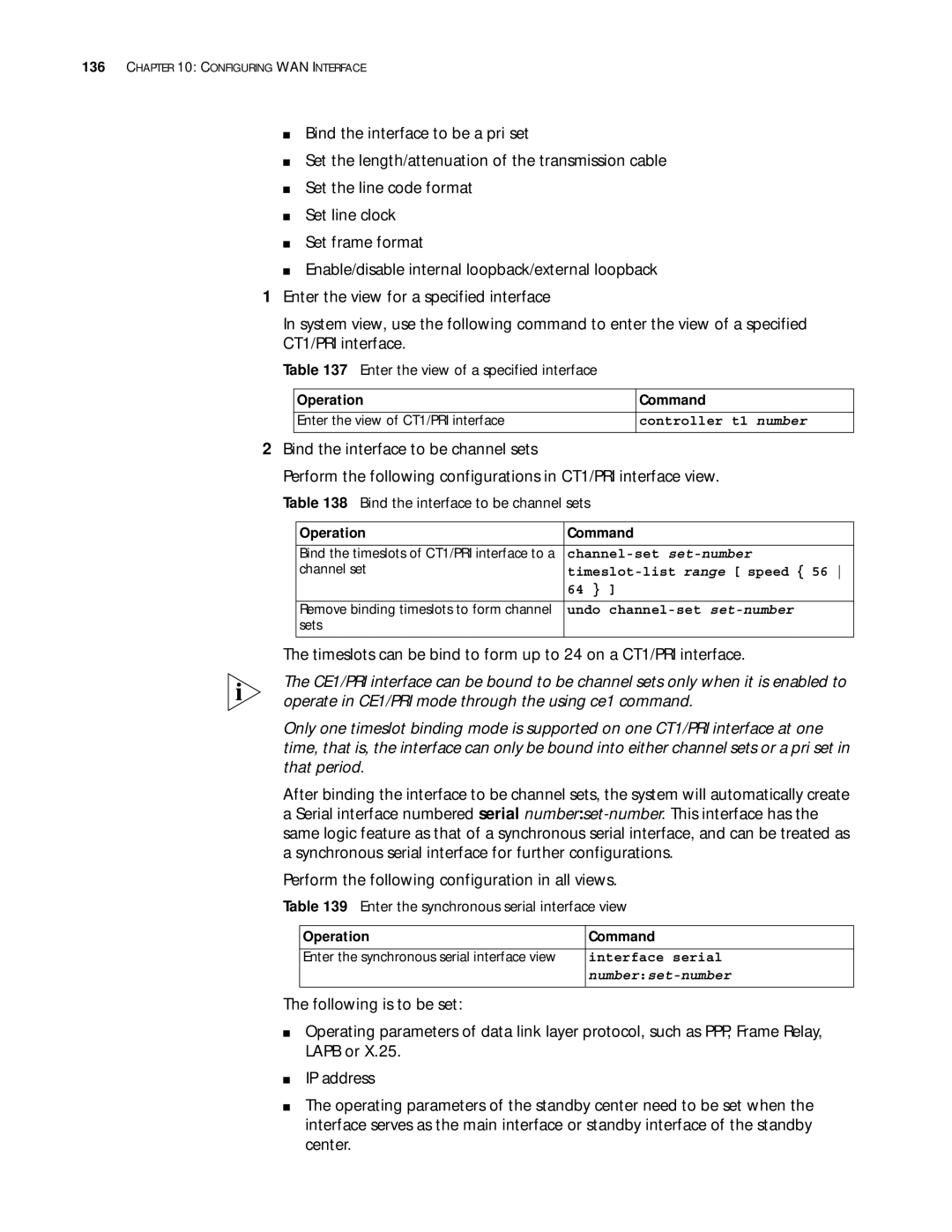 3Com 10014299 manual Operation Command Enter the view of CT1/PRI interface, Controller t1 number, Timeslot-list range speed 