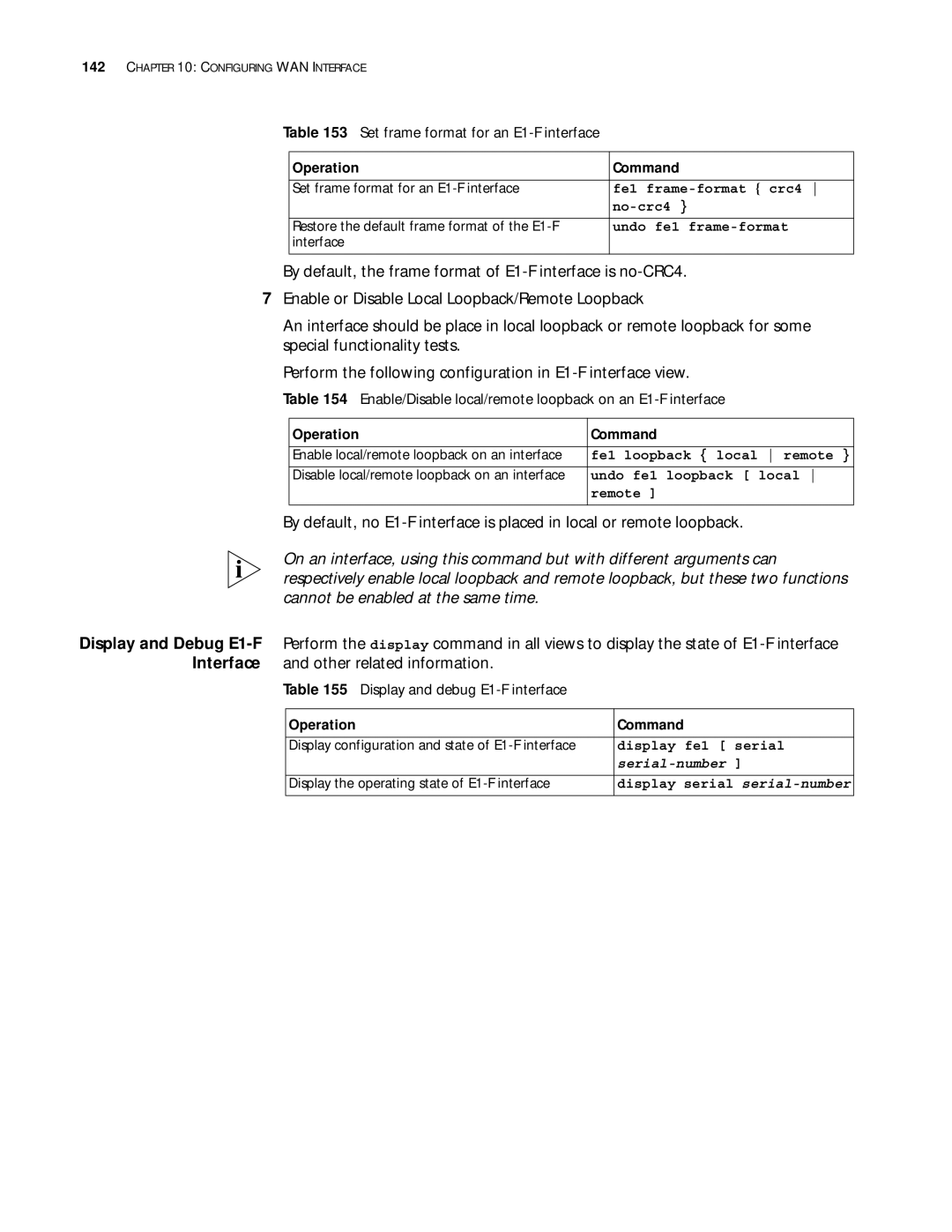 3Com 10014299 manual Set frame format for an E1-F interface, Enable/Disable local/remote loopback on an E1-F interface 