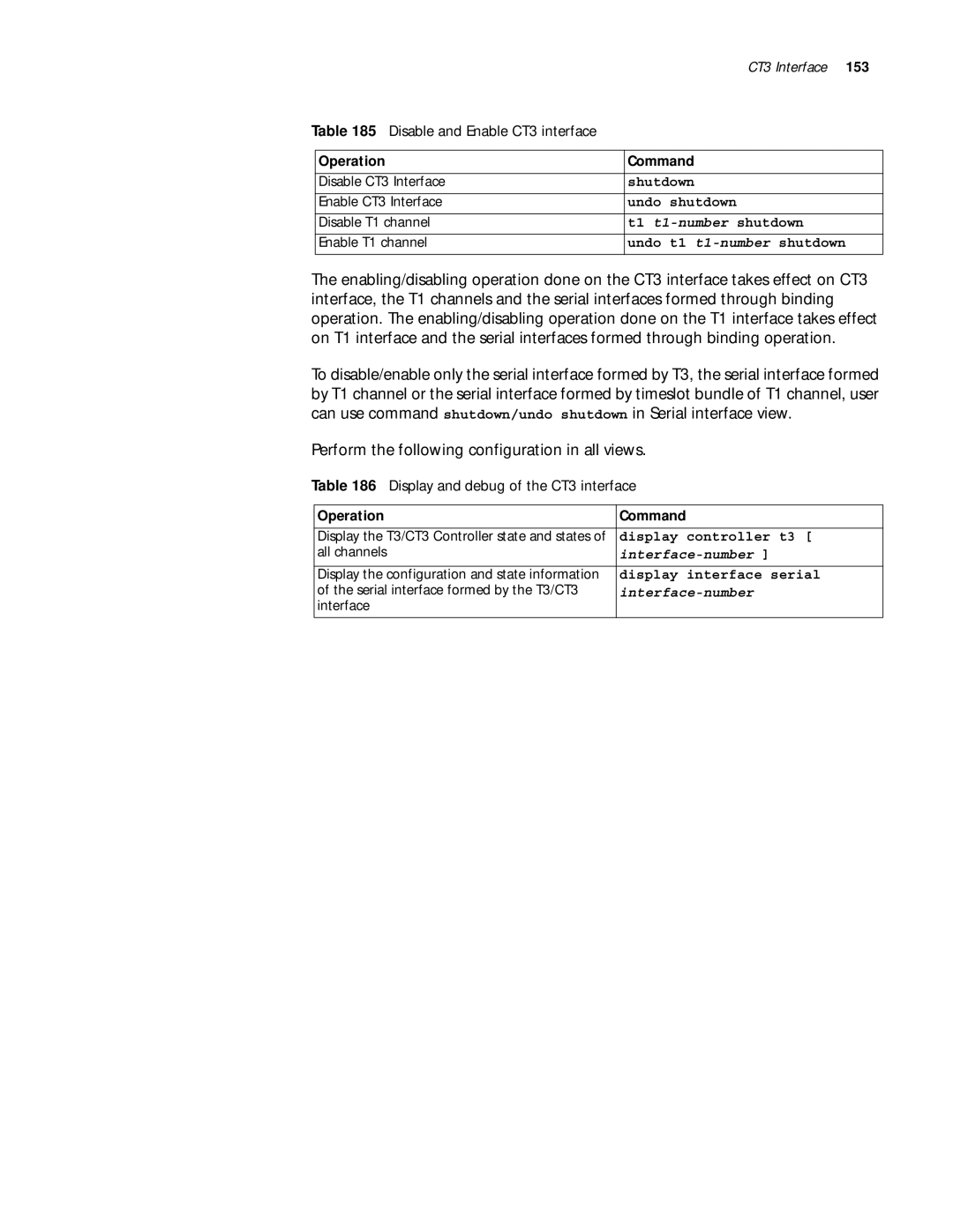 3Com 10014299 manual Disable and Enable CT3 interface, Display and debug of the CT3 interface 