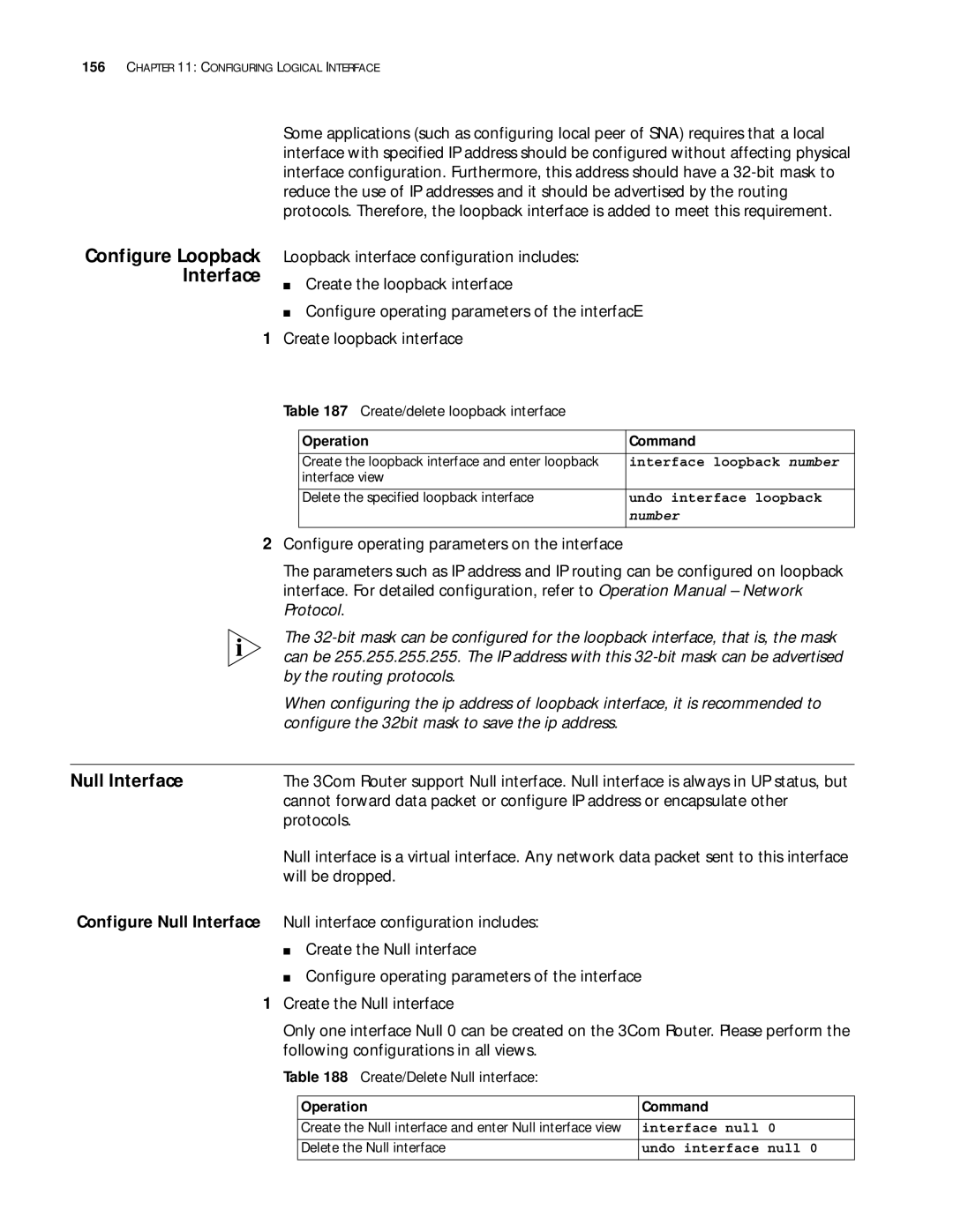 3Com 10014299 manual Configure Loopback, Null Interface 