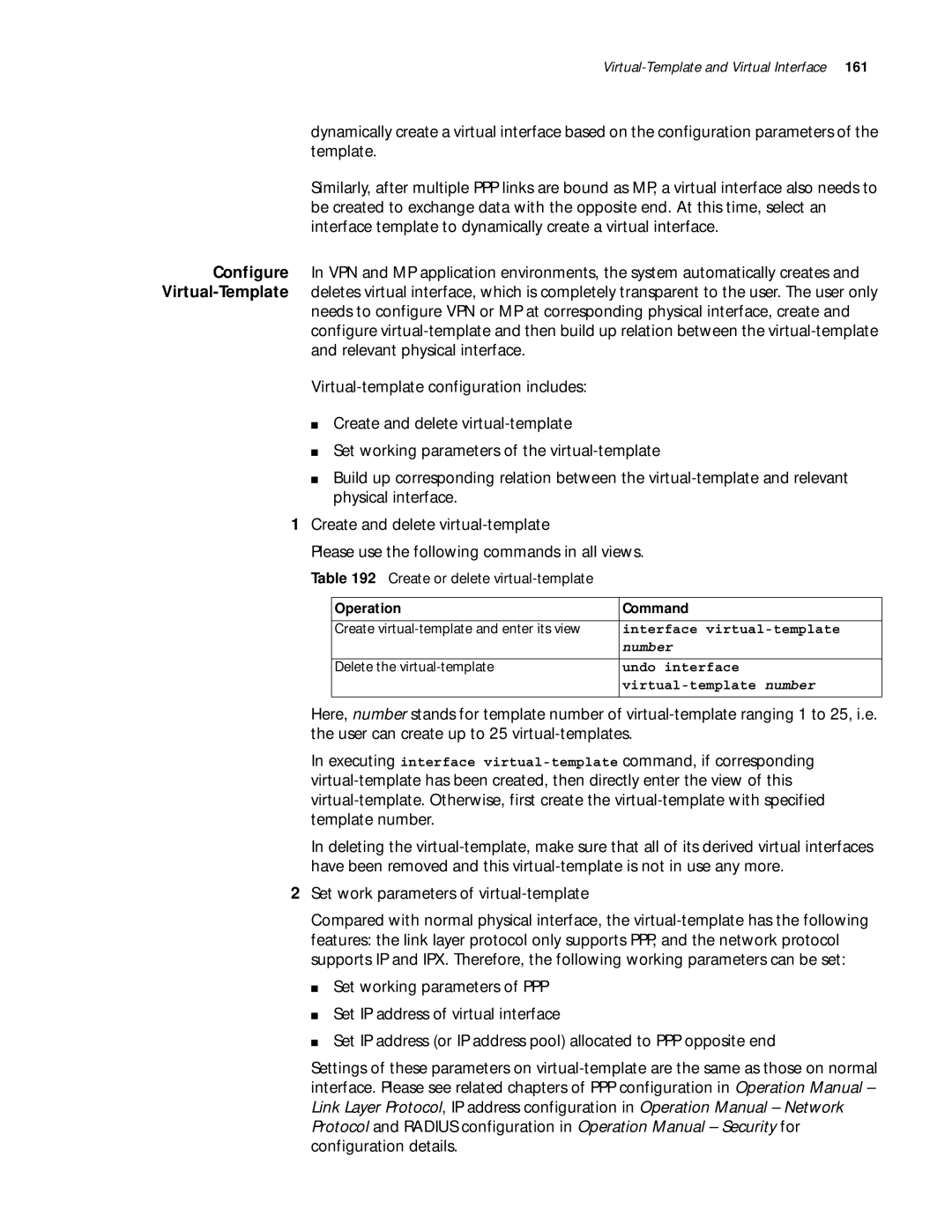 3Com 10014299 manual Set work parameters of virtual-template, Create or delete virtual-template, Interface virtual-template 