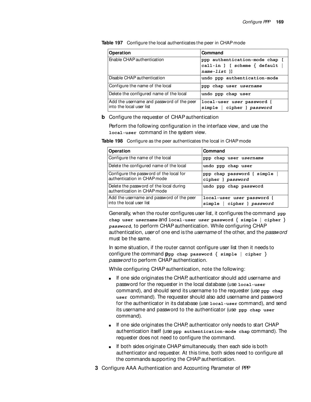 3Com 10014299 manual Configure the local authenticates the peer in Chap mode, User username, Cipher password 