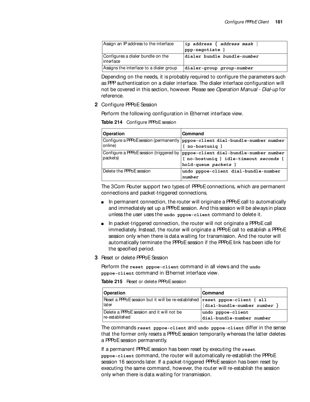 3Com 10014299 manual Configure PPPoE session, Reset or delete PPPoE session 