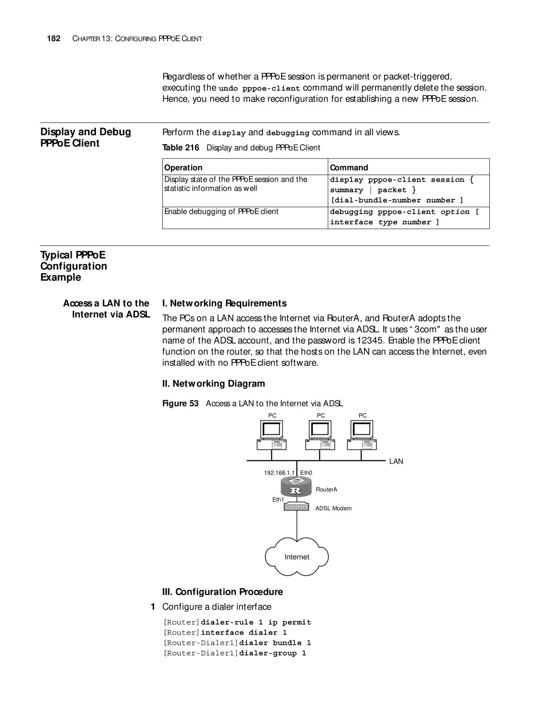 3Com 10014299 Display and Debug PPPoE Client, Typical PPPoE Configuration Example, Access a LAN to the Internet via Adsl 