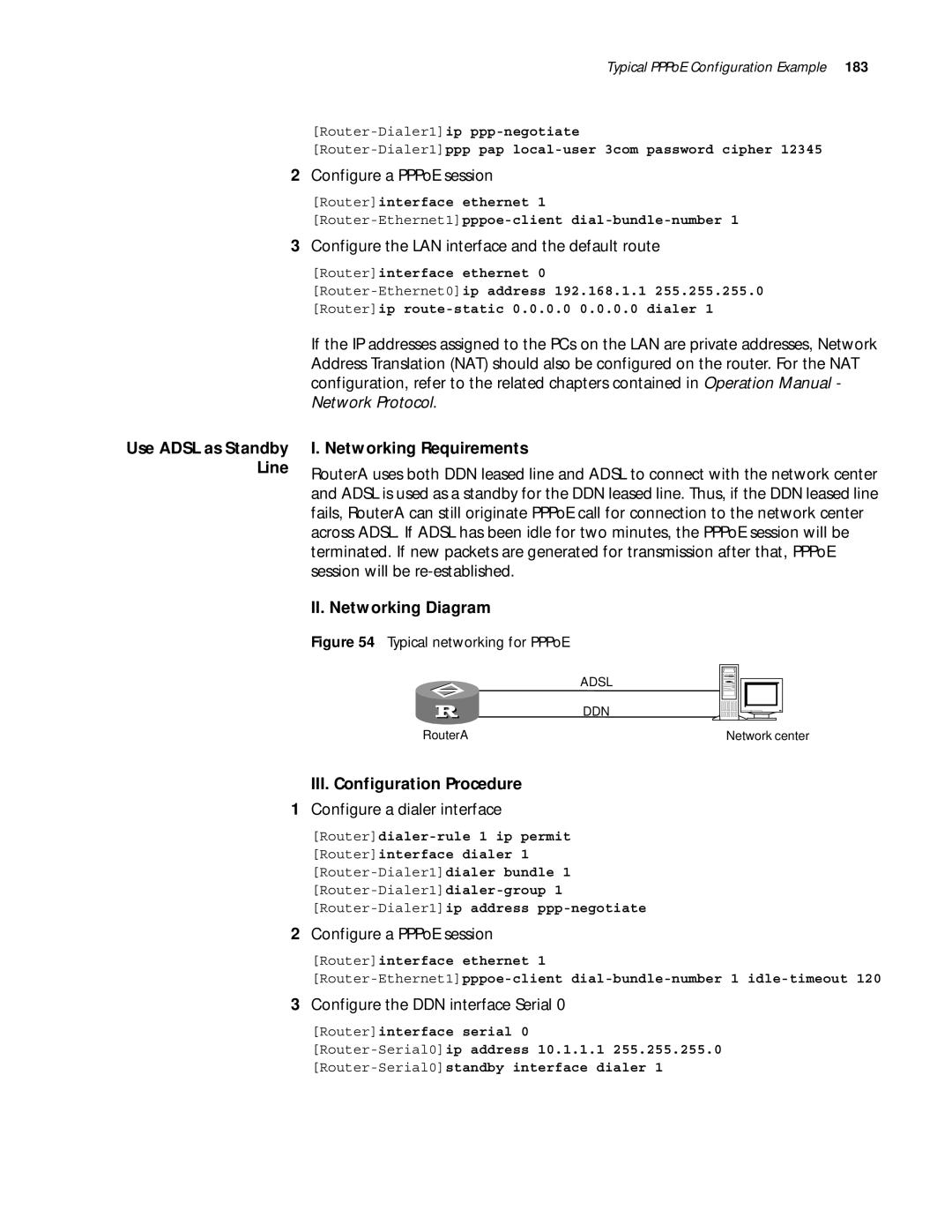 3Com 10014299 manual Configure a PPPoE session, Configure the LAN interface and the default route, Use Adsl as Standby Line 