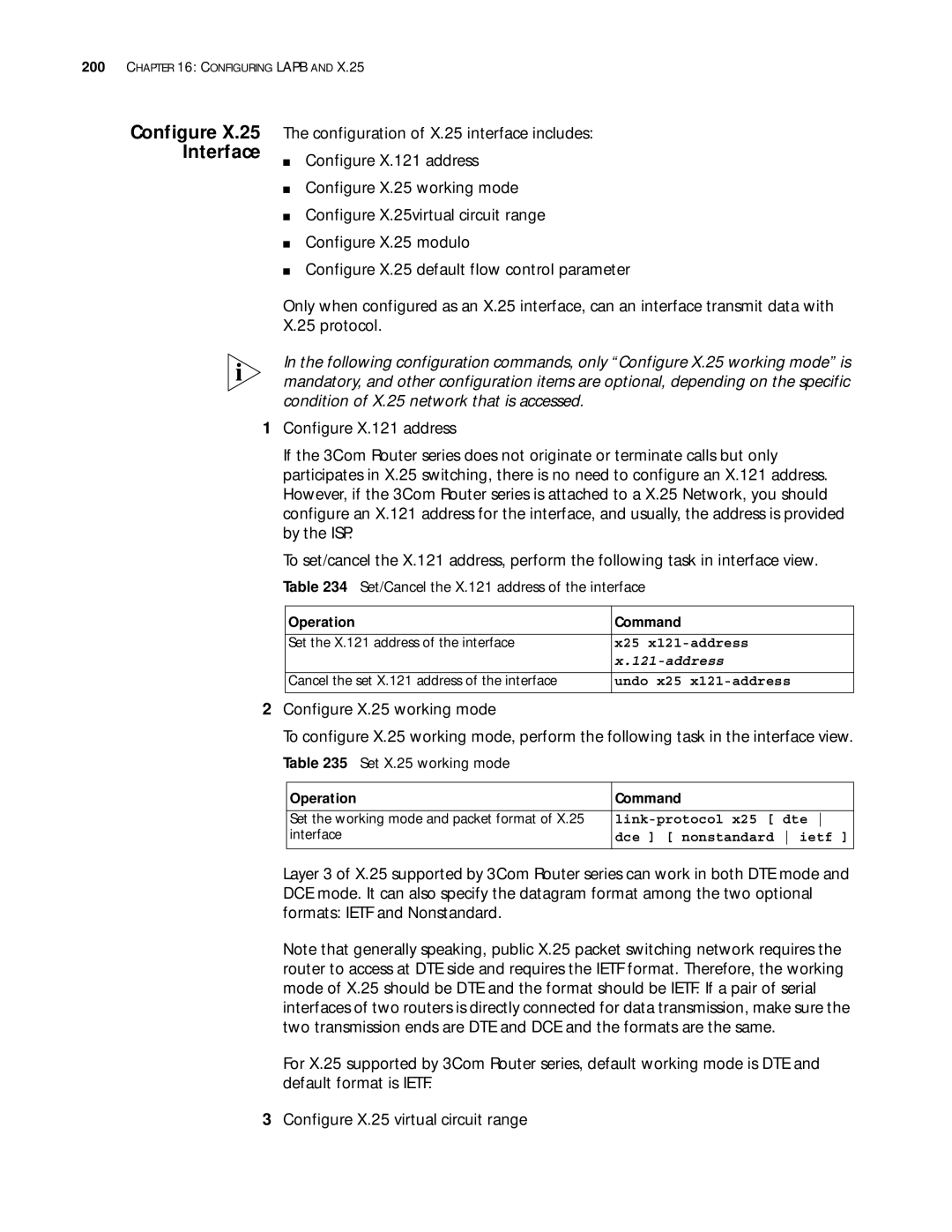 3Com 10014299 Configure X.25 Interface, Set/Cancel the X.121 address of the interface, Set X.25 working mode, Address 