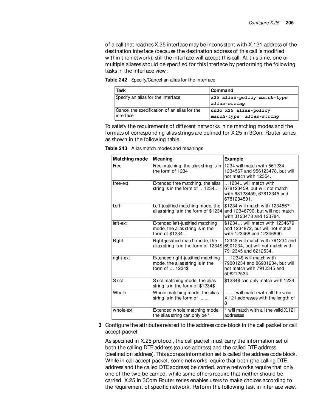 3Com 10014299 manual Specify/Cancel an alias for the interface, Alias match modes and meanings, Alias-string 