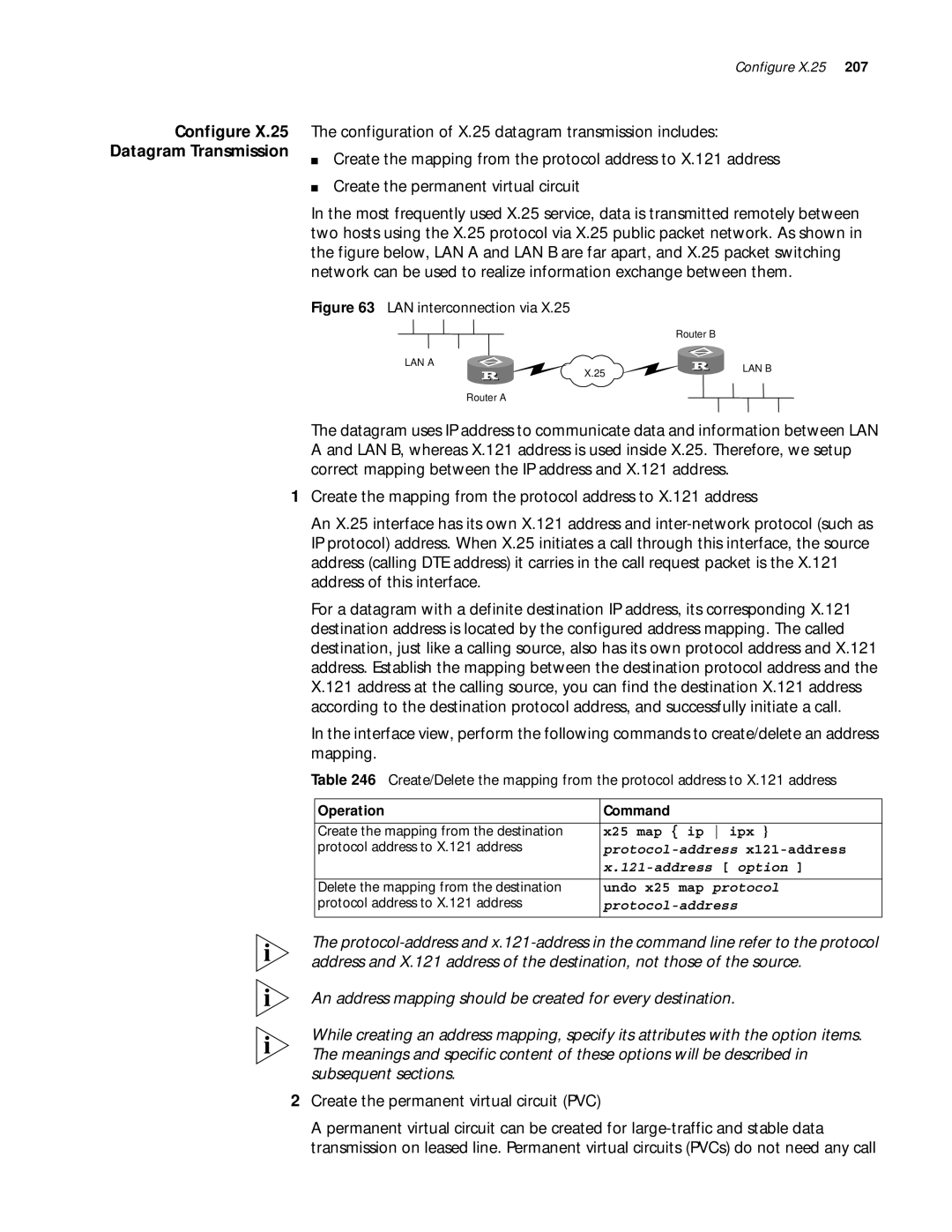 3Com 10014299 manual Create the permanent virtual circuit PVC, Configure X.25 Datagram Transmission, Address option 