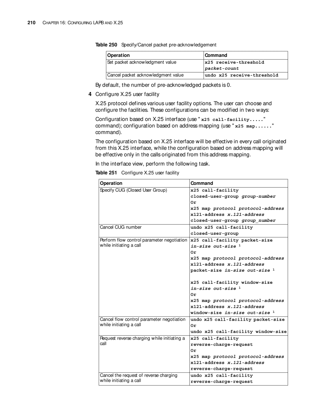 3Com 10014299 manual Specify/Cancel packet pre-acknowledgement, Configure X.25 user facility 